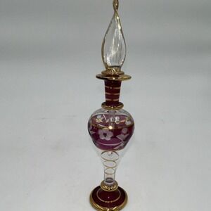 Handmade Egyptian Glass Perfume Bottle Gold Trim Floral Design Stopper